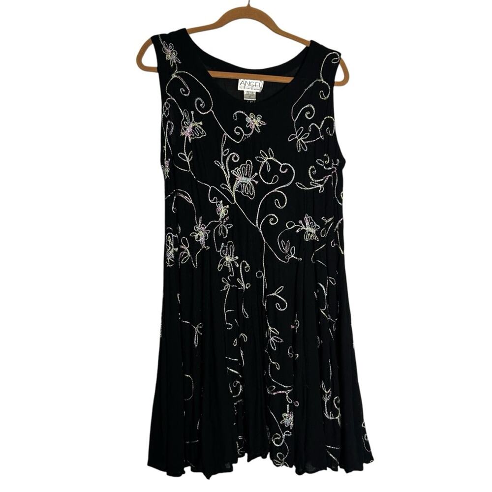 Vtg Angel Pastel Rainbow Embroidered Butterfly Flower Black Knee Length Dress